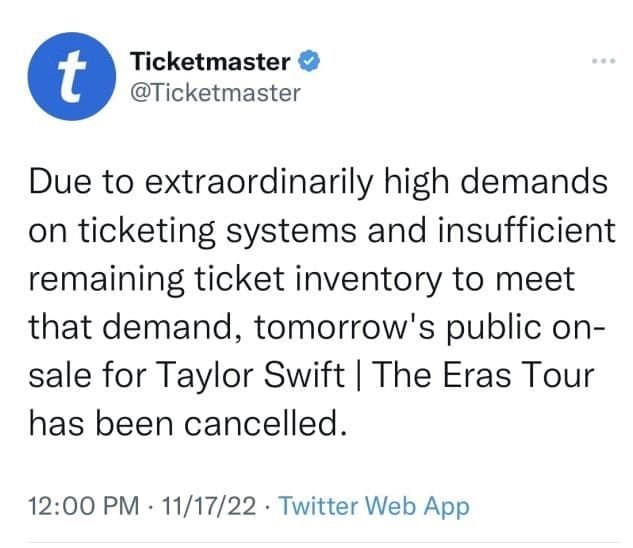 Tweet from ticketmaster : UPDATE: There will no longer be a Taylor Swift general on sale. Both the pop star and TicketMaster announced the cancellation due to lack of inventory because of the “extraordinarily high demands” on the presale.