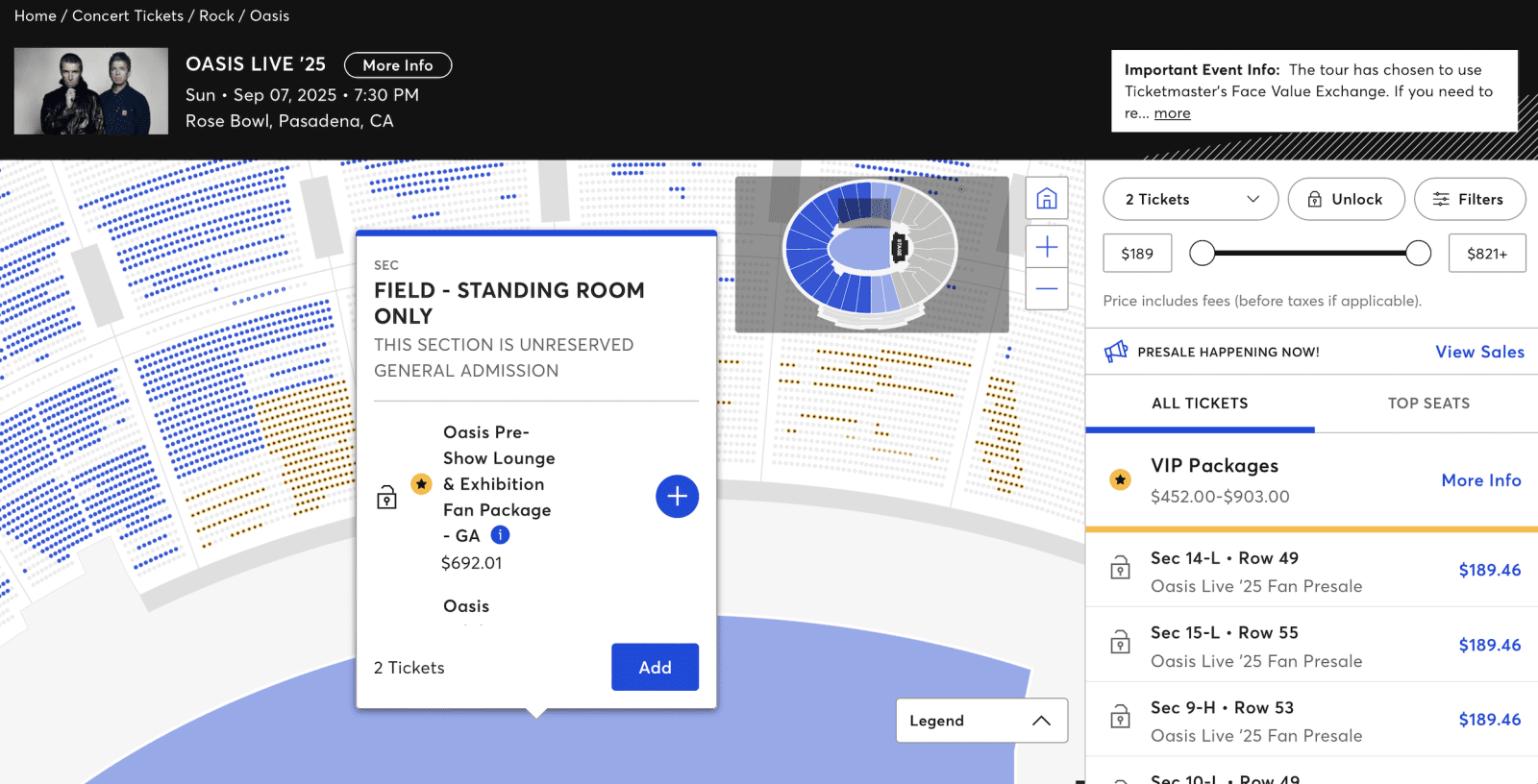 Oasis VIP Ticket prices in Los Angeles Rose Bowl Pasadena