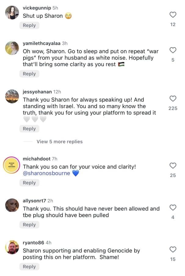 Sharon Osbourne pro israel instagram post and comment backlash