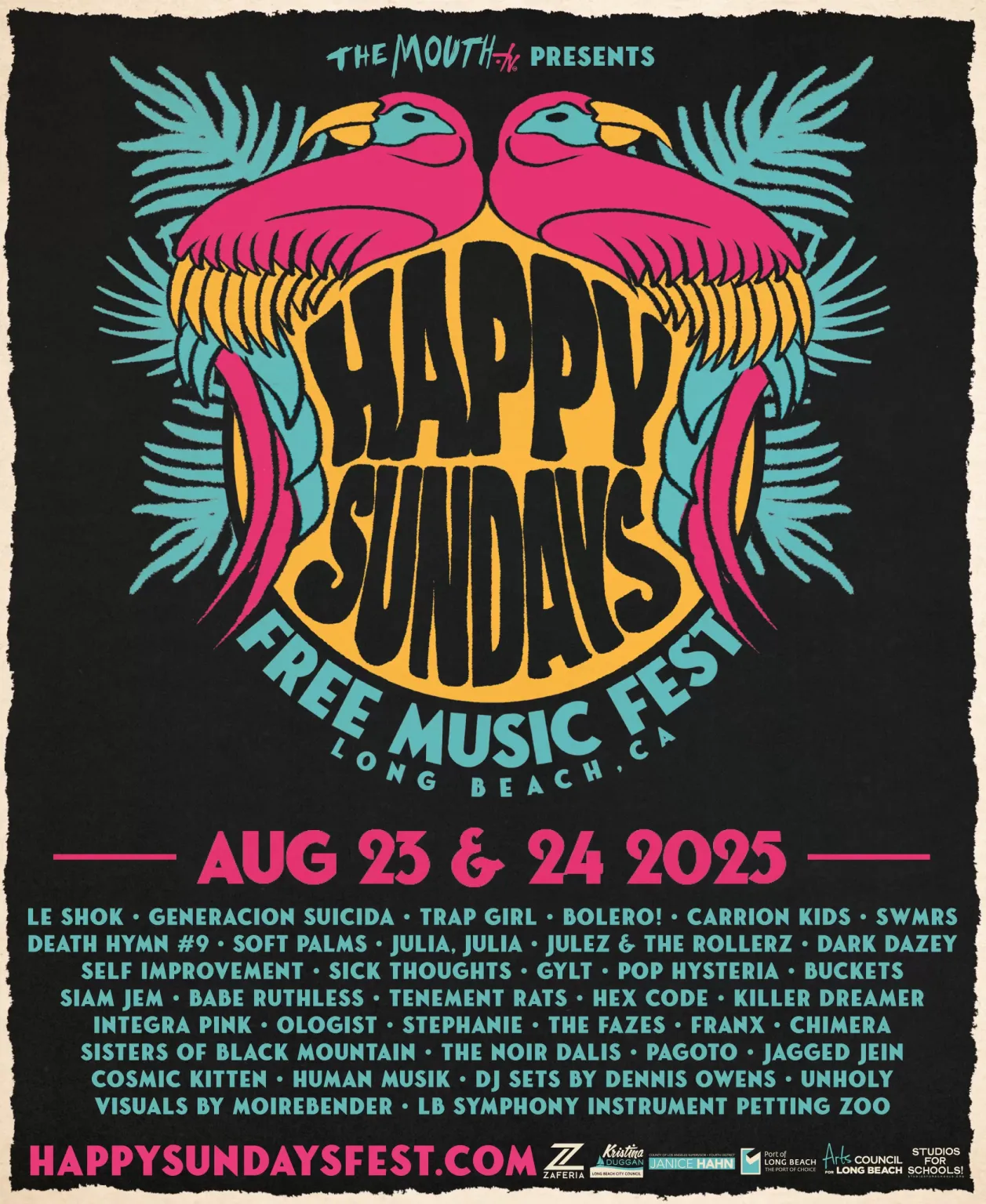 Happy Sundays 2025 lineup poster in black, hot pink and teal blue