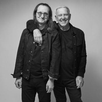 Rush band 2025 press photos for fifty something tour 2025 with Geddy Lee and Alex Lifeson