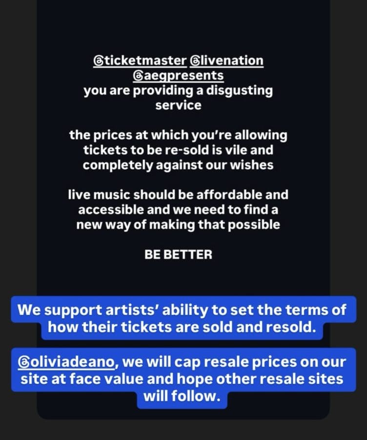 Screenshots of Ticketmaster's Instagram Story responding to Olivia Dean