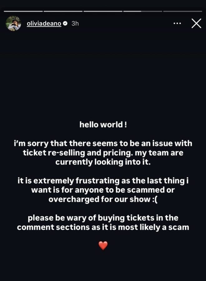 Screenshot of Olivia Dean calling out Ticketmaster, Live Nation and AEG Presents